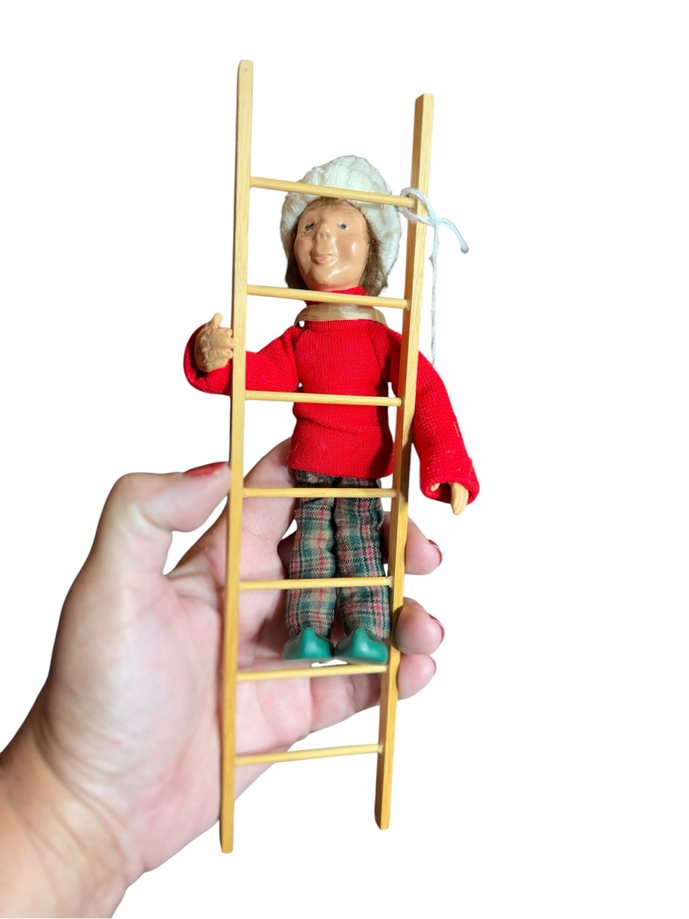 Byers' Choice Christmas Caroler Climbing Doll w/ Wooden Ladder Red Sweater